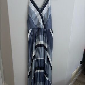White House Black Market Striped Pleated V-Neck Maxi Dress in Blue and White